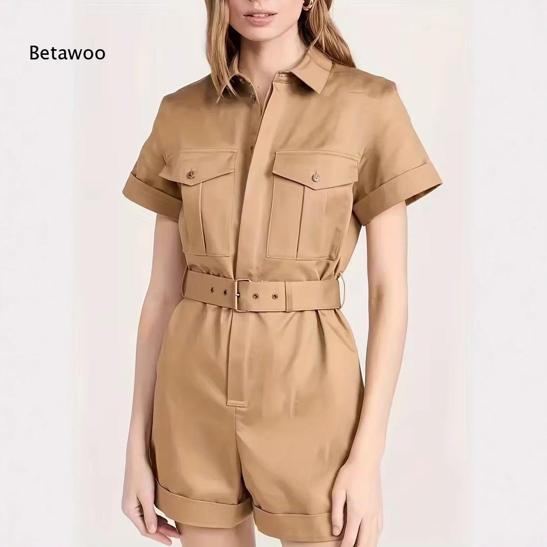 Tech For Office - Khaki Short Sleeve Utility Playsuit